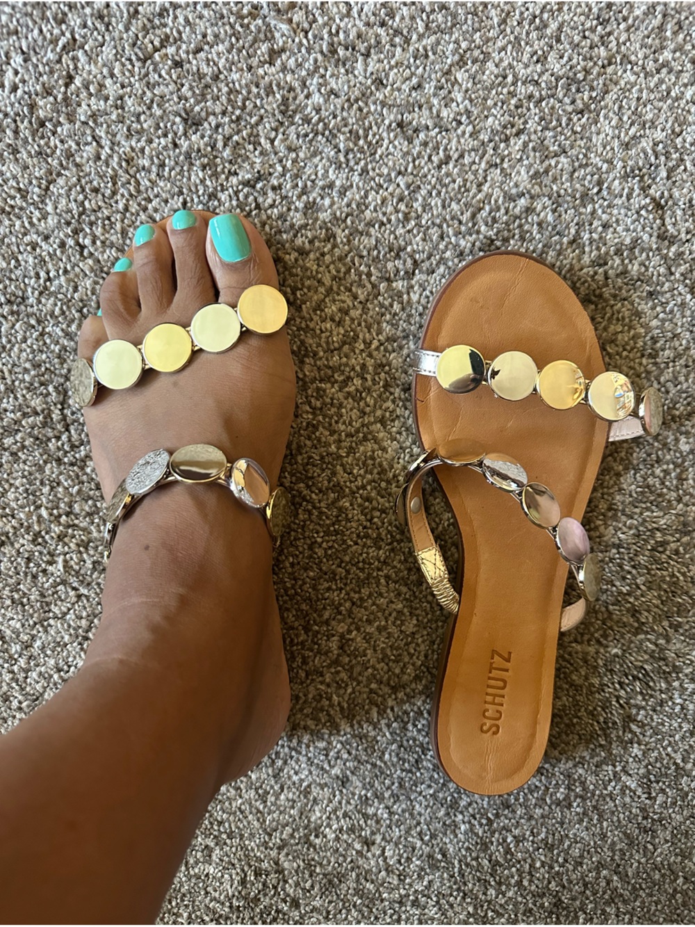 SCHUTZ Silver Metallic Disc Toe-Loop Sandals